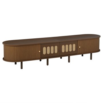 SONNENH Ovalna TV omarica 180 × 40 × 40 cm, temen orehov dekor, dva izvlečna predala s prepletom v videzu ratana, dvoje rebrastih rolo vrat, MDF in osem nog