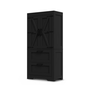 SONNENH Visoka kredenca 60 × 30 × 128 cm, črna, dvoje vrat z motivom skednja, dva izvlečna predala, nastavljivi polici, MDF in iverne plošče