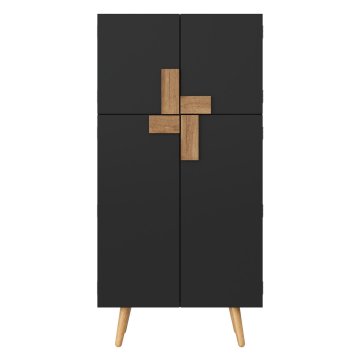 SONNENH Kredenca za kuhinjo in jedilnico 60 × 35 × 120 cm, črna, štiri vrata z lesenimi geometrijskimi ročaji, nastavljivi polici in vratne košarice