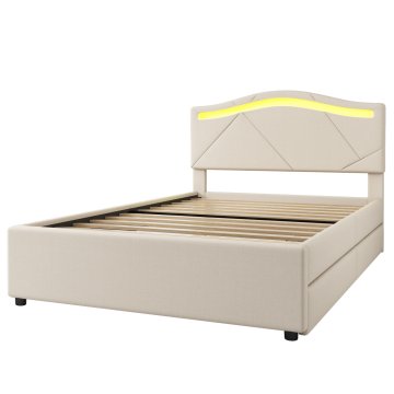 SONNENH Oblazinjena enojna postelja 90 × 200 cm, bež, LED-vzglavje z izbiro dveh višin 101/108,5 cm, dva predala in vključena letvena podlaga