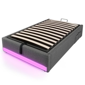 SONNENH Oblazinjena enojna postelja 90 × 200 cm, siva, brez vzglavja, dvižna letvena podlaga, LED-trak, USB in Type-C ter bočni žepi za drobnarije