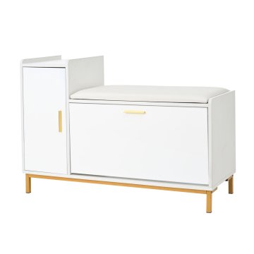 SONNENH Omarica za čevlje s sediščem 100 × 38 × 68 cm, bela s sijajnima frontama, oblazinjena klop, preklopni predel, stranska omarica in zlate noge