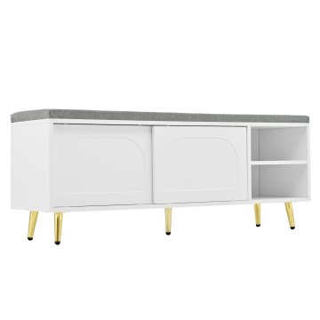 SONNENH Bela klop za čevlje 121 × 35 × 49 cm s sivo sedežno blazino, dvojna drsna vrata, dve odprti stranski polici in kovinske noge zlate barve