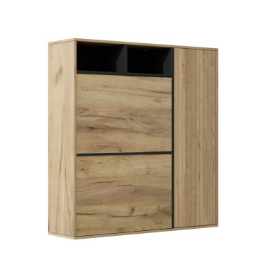 SONNENH Omarica za čevlje 90 × 24 × 94 cm, naravni lesni dekor in črna, dve preklopni loputi, stranska rebrasta vrata, nastavljivi polici ter dve odprti niši