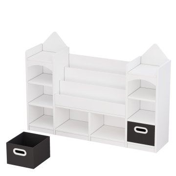 SONNENH Beli otroški knjižni regal 130 × 30 × 90 cm v obliki gradu, tri sredinske ravni za slikanice, stranske police in dve črni zložljivi škatli za shranjevanje