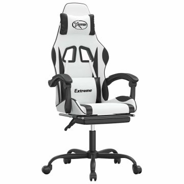 Vidaxl Vrtljivi gaming stol z oporo za noge belo in črno umetno usnje