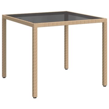 Vidaxl Vrtna miza 90x90x75 cm kaljeno steklo in poli ratan bež