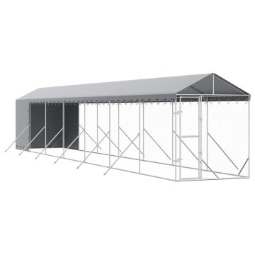 Vidaxl Zunanja pasja ograda s streho srebrna 2x14x2,5m pocinkano jeklo