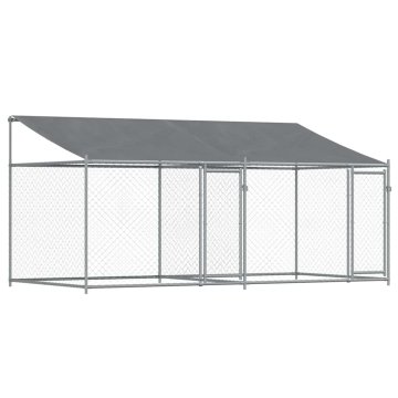 Vidaxl Pasji boks s streho in vrati siv 4x2x2 m pocinkano jeklo