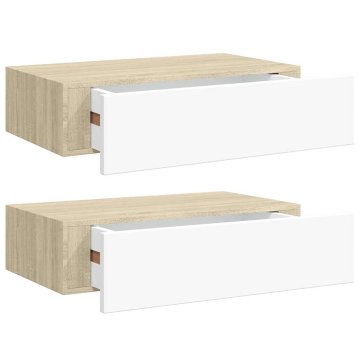 Vidaxl Stenska polica s predalom 2 kosa hrast in bela 40x23,5x10cm MDF
