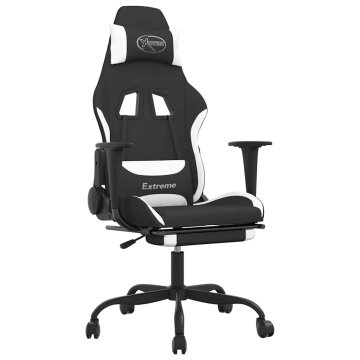 Vidaxl Masažni gaming stol z oporo za noge črno in belo blago