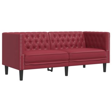 Vidaxl Kavč dvosed Chesterfield vinsko rdeča umetno usnje