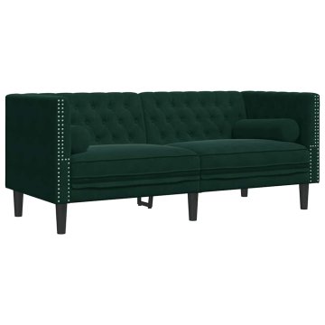 Vidaxl Kavč chesterfield z vzglavniki dvosed temno zelen žamet