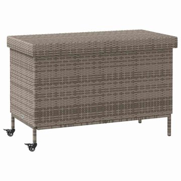 Vidaxl Vrtna shranjevalna škatla s kolesi siva 110x55x73 cm poli ratan