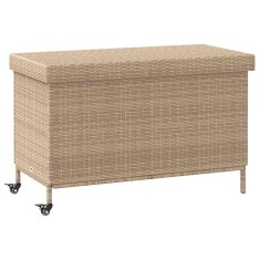 Vidaxl Vrtna shranjevalna škatla s kolesi mešana bež 110x55x73 cm poli ratan