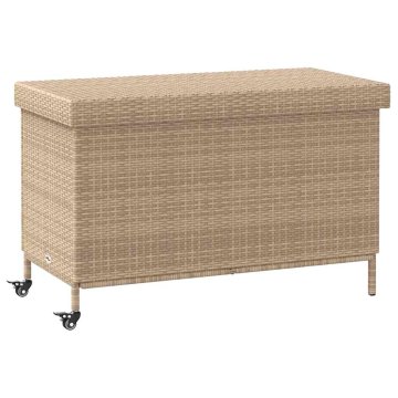 Vidaxl Vrtna shranjevalna škatla s kolesi mešana bež 110x55x73 cm poli ratan