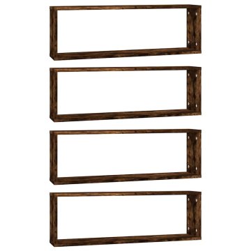 Vidaxl Stenske kockaste police 4 kosi dim. hrast 80x15x26,5cm inž. les