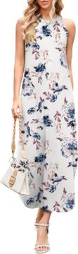 Ženska Maxi Poletna Obleka Halterneck Zračna Cvetlična Bela Plažna Casual Elegant Beachwear Dolga z Razporkom Lahka Dihajoča Tkanina Velikost L