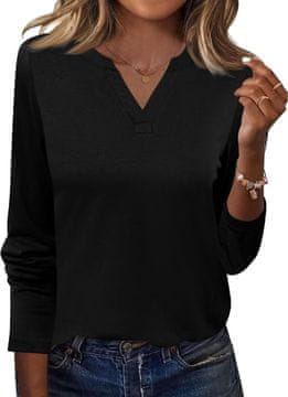 Ženska bluza z dolgimi rokavi in V-izrezom, Colour Block, črtasta, ohlapen kroj, 100% poliester, casual in business casual slog, črna, velikost S