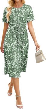 Ženska midi poletna obleka A-line z vezalko v pasu zračna vaflasta tkanina elegantna za pisarno in poletje Olive Green Leaf zeleno-bela velikost S