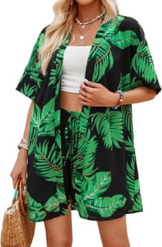 Ženska plažna ogrinjalka cover-up komplet s kratkimi hlačami boho vzorec tropski ohlapen neprosojen lahek soft-touch črno-zelena velikost M poletna