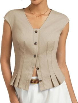 Ženska bluza V-Neck bež 95% bombaž casual Y2K kratek rokav dihajoča elastična z gumbi velikost S