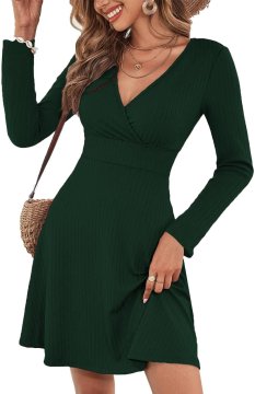 Ženska rebrasta obleka V-neck casual slim fit kratek rokav zelena poliester XXL