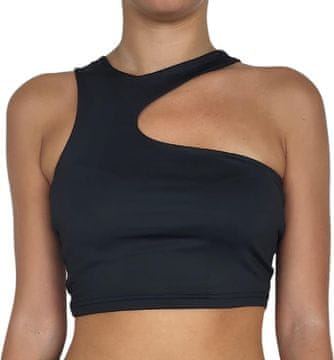 Ženska asimetrična majica One-Shoulder crop top na eno ramo, kratek slim fit krojen, črna barva, velikost S, obseg prsi 66 cm, lahka dihljiva elastična tkanina, za jeans in športne tajice, moderen