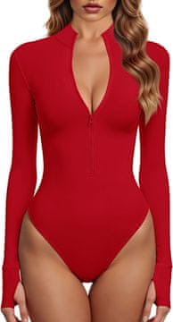 Ženski body z dolgimi rokavi z zadrgo, rdeč, XL, 95 % bambusova vlakna 5 % elastan, slim fit, stoječi ovratnik, gumbi v prepadu, mehka dihajoča raztegljiva tkanina, za delo, večerne izhode in