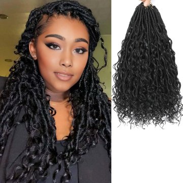 Sintetični Faux Locs Goddess Boho 60 cm črni crochet podaljševanje las 7 paketov pre-looped 3D zavit konec, lahki hipoalergeni lasje odporni proti zapletanju za večkratno uporabo, komplet s kljukico