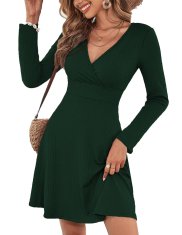 Ženska rebrasta obleka V-neck casual slim fit kratek rokav zelena poliester XXL