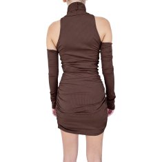 Ženska rebrasta mini obleka z visokim ovratnikom in odstranljivimi rokavi, elegantna večerna obleka za izhod, prilegajoč kroj, elastična pletenina, rjava, velikost L, dolžina 98 cm