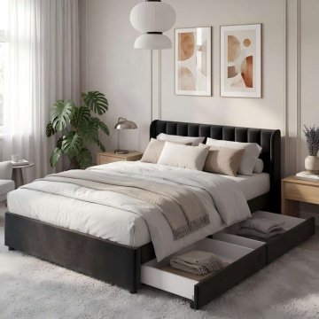 SONNENH Posteljni okvir, 140 × 200 cm, žamet, črna, 207.5 × 140 × 95 cm, predali za shranjevanje, naslonjalo, za spalnico
