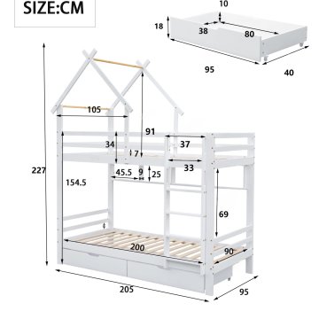 SONNENH Otroška postelja, 90 × 200 cm, masivni les / MDF, bela, 205 × 95 × 227 cm, predali za shranjevanje, za spalnico