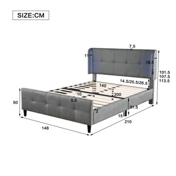 SONNENH Posteljni okvir, 140 × 200 cm, žamet, siva, 210 × 148 × 113.5 cm, led osvetlitev, za spalnico