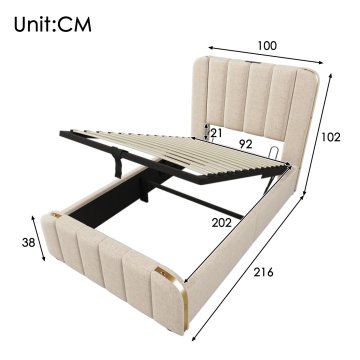 SONNENH Enojna postelja, 90 × 200 cm, lan, bež, 216 × 100 × 101 cm, priključek usb, za spalnico