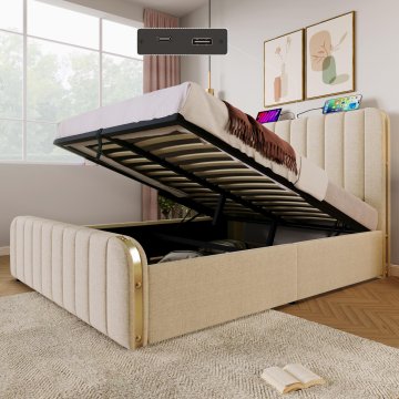 SONNENH Posteljni okvir, 140 × 200 cm, lan, bež, 216 × 150 × 101 cm, priključek usb, za spalnico
