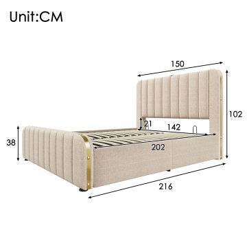 SONNENH Posteljni okvir, 140 × 200 cm, lan, bež, 216 × 150 × 101 cm, priključek usb, za spalnico