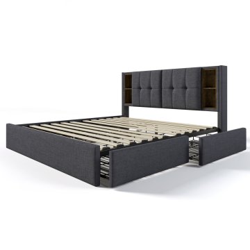 SONNENH Posteljni okvir, 160 × 200 cm, lan, siva, 213 × 165 × 103 cm, predali za shranjevanje, priključek usb, za spalnico