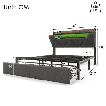 SONNENH Posteljni okvir, 160 × 200 cm, lan, siva, 217 × 161 × 110 cm, led osvetlitev, predali za shranjevanje, za spalnico