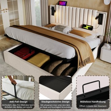 SONNENH Posteljni okvir, 160 × 200 cm, bombaž, bež, 203 × 167 × 106 cm, prostor za shranjevanje, priključek usb, za spalnico