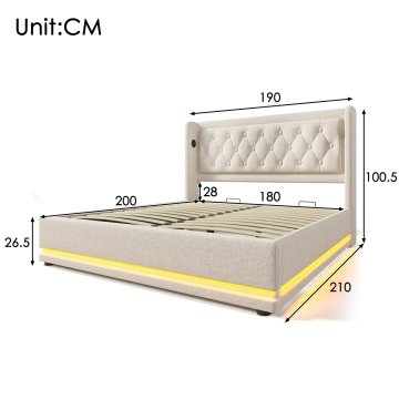 SONNENH Posteljni okvir, 180 × 200 cm, bombaž, bež, 210 × 190 × 101 cm, led osvetlitev, priključek usb, za spalnico
