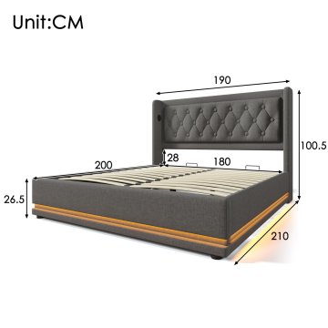 SONNENH Posteljni okvir, 180 × 200 cm, bombaž, siva, 210 × 190 × 101 cm, led osvetlitev, priključek usb, za spalnico