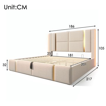 SONNENH Posteljni okvir, 180 × 200 cm, lan, bež, 217 × 186 × 105 cm, led osvetlitev, priključek usb, za spalnico