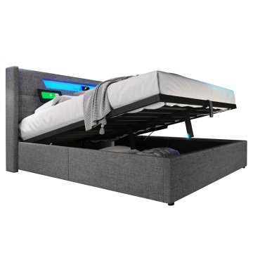SONNENH Posteljni okvir, 140 × 200 cm, lan, siva, 148 × 212 × 109 cm, led osvetlitev, priključek usb, za spalnico