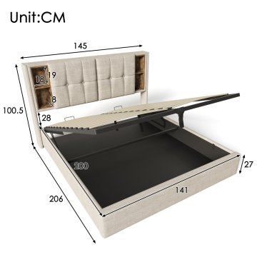 SONNENH Posteljni okvir, 140 × 200 cm, lan, naravna, 206 × 145 × 100.5 cm, prostor za shranjevanje, priključek usb, za spalnico
