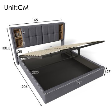 SONNENH Posteljni okvir, 160 × 200 cm, bombaž, siva, 206 × 165 × 100.5 cm, prostor za shranjevanje, priključek usb, za spalnico