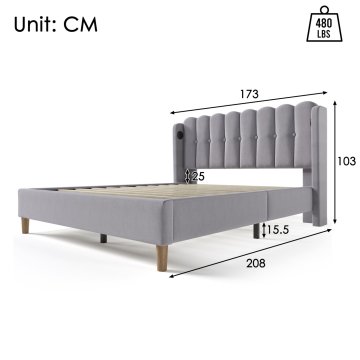 SONNENH Posteljni okvir, 160 × 200 cm, lan, siva, 173 × 208 × 103 cm, priključek usb, za spalnico