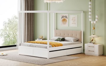 SONNENH Posteljni okvir, 140 × 200 cm, les, bela, 204 × 142 × 160 cm, predali za shranjevanje, naslonjalo, za spalnico