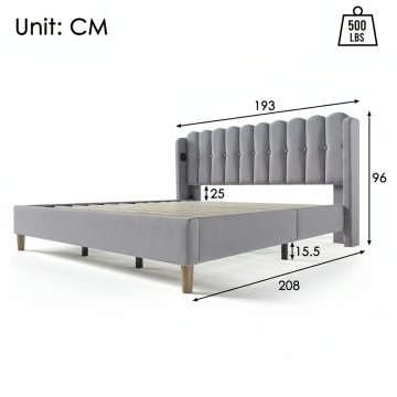 SONNENH Posteljni okvir, 180 × 200 cm, lan, siva, 193 × 208 × 103 cm, priključek usb, za spalnico